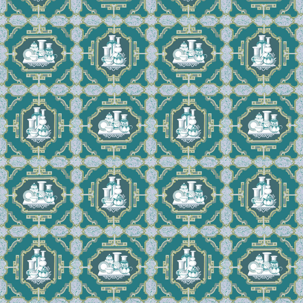 Porcelanas Esmeralda by Gaston Y Daniela Designer Fabric GASTON LIBRERIA COTTON - 100% Italy HEAVY Horizontal: 25.61 and Vertical: 24.62 52 - Swanky Fabrics -