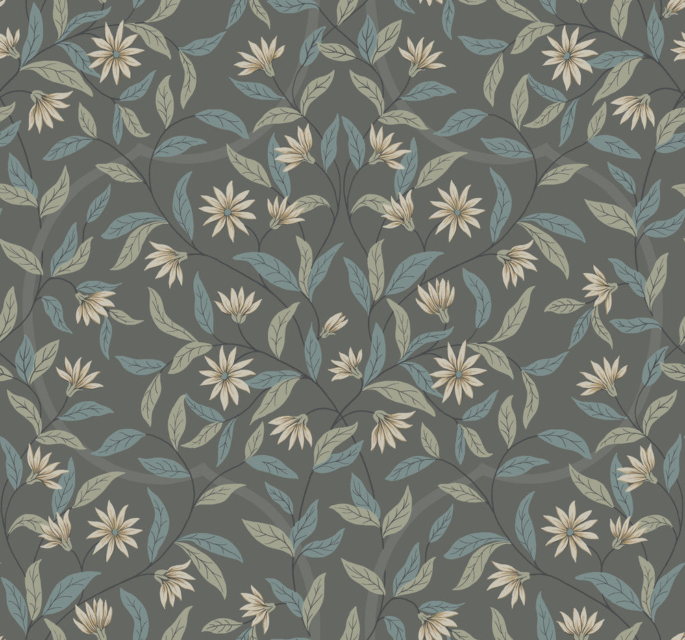 Jasmine Charcoal Wallpaper by York Wallcoverings Designer Greenhouse Covers about 60.8 square feet 27-in by 27-ft long roll Prepasted 25.25 - Swanky Fabrics -