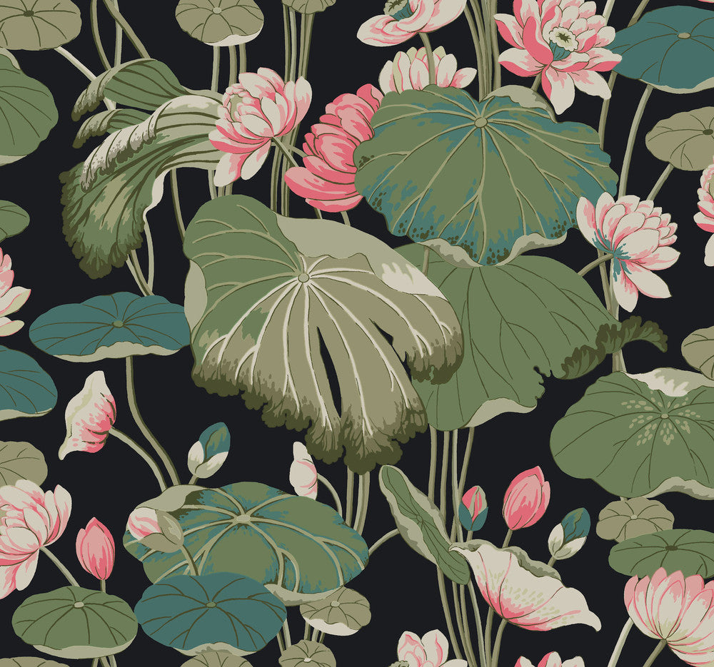 Lotus Pond Black & Pink Wallpaper by York Wallcoverings Designer Greenhouse Covers about 60.8 square feet 27-in by 27-ft long roll Prepasted 25.25 - Swanky Fabrics -