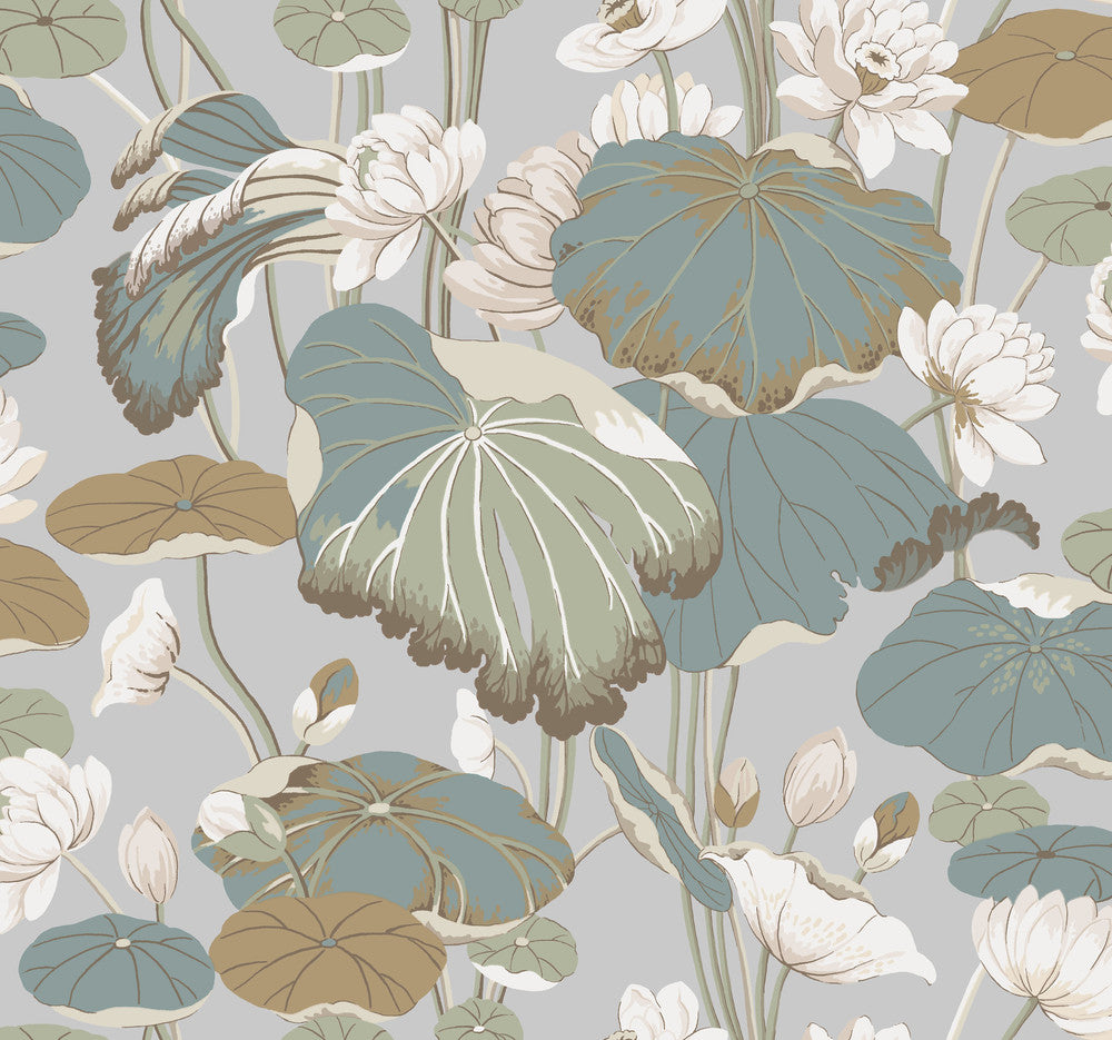 Lotus Pond Grey & Blue Wallpaper by York Wallcoverings Designer Greenhouse Covers about 60.8 square feet 27-in by 27-ft long roll Prepasted 25.25 - Swanky Fabrics -
