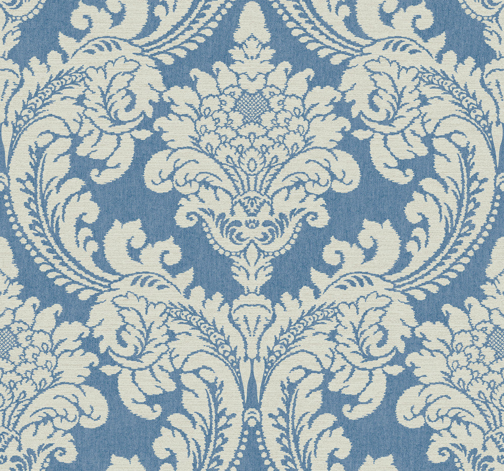 Tapestry Damask Blue Wallpaper by York Wallcoverings Designer Grandmillennial Covers about 60.8 square feet 27-in by 27-ft long roll Prepasted 25.25 - Swanky Fabrics -