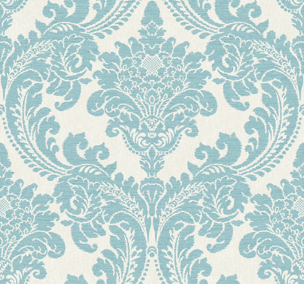 Tapestry Damask Teal Wallpaper by York Wallcoverings Designer Grandmillennial Covers about 60.8 square feet 27-in by 27-ft long roll Prepasted 25.25 - Swanky Fabrics -