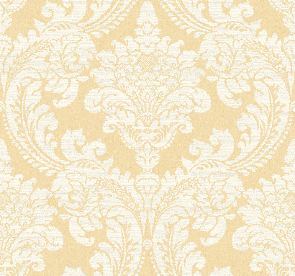 Tapestry Damask Yellow Wallpaper by York Wallcoverings Designer Grandmillennial Covers about 60.8 square feet 27-in by 27-ft long roll Prepasted 25.25 - Swanky Fabrics -