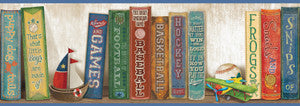 Stevie Blue Play the Game Bookshelf Wallpaper by Chesapeake Designer