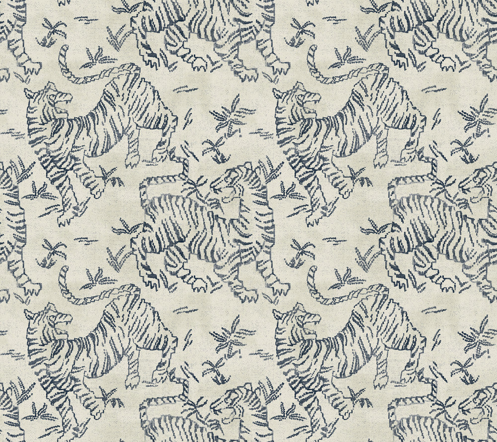 Orly Tigers Indigo Wallpaper by Lemieux et Cie Designer Lemieux et Cie Signature Covers about 60.8 square feet 27-in by 27-ft long roll Unpasted 24 - Swanky Fabrics -