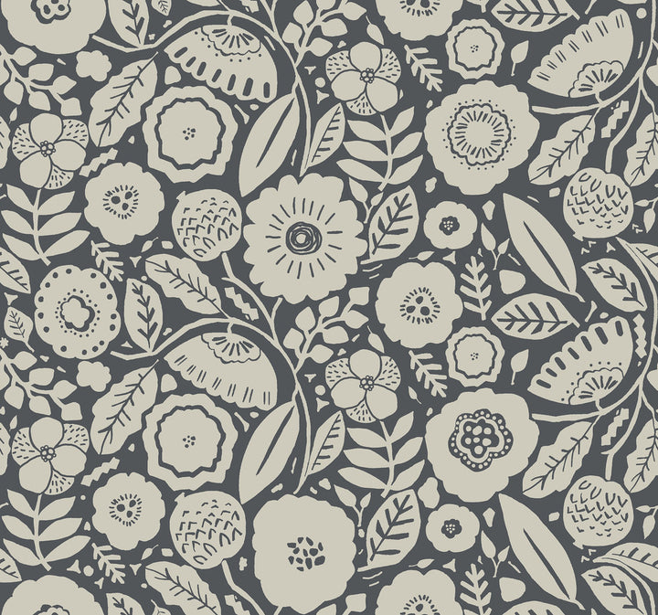 Camille Blossom Charcoal Wallpaper by Lemieux et Cie Designer Lemieux et Cie Signature Covers about 60.8 square feet 27-in by 27-ft long roll Unpasted 25.25 - Swanky Fabrics -