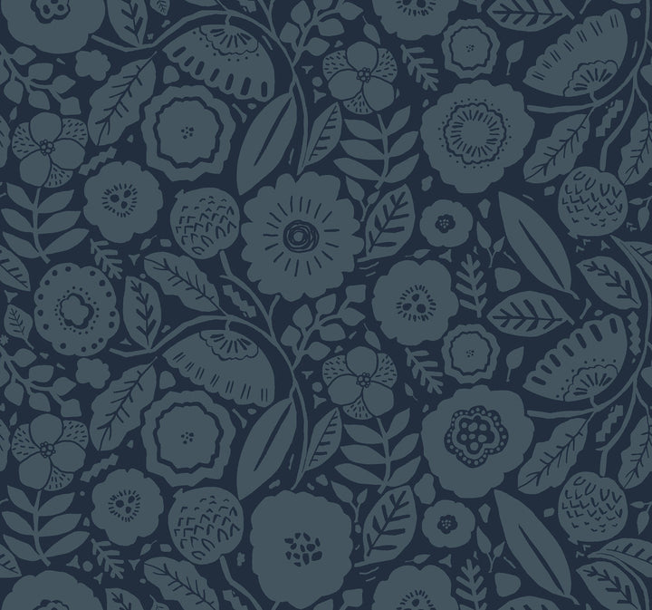 Camille Blossom Indigo Wallpaper by Lemieux et Cie Designer Lemieux et Cie Signature Covers about 60.8 square feet 27-in by 27-ft long roll Unpasted 25.25 - Swanky Fabrics -
