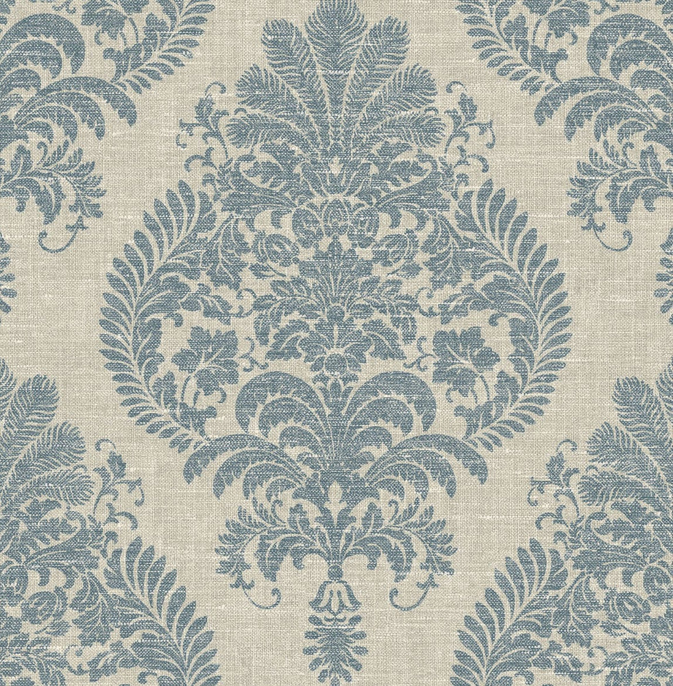 Antigua Damask Air Force Blue and Alabaster LN10402 by Lillian August Designer Wallpaper