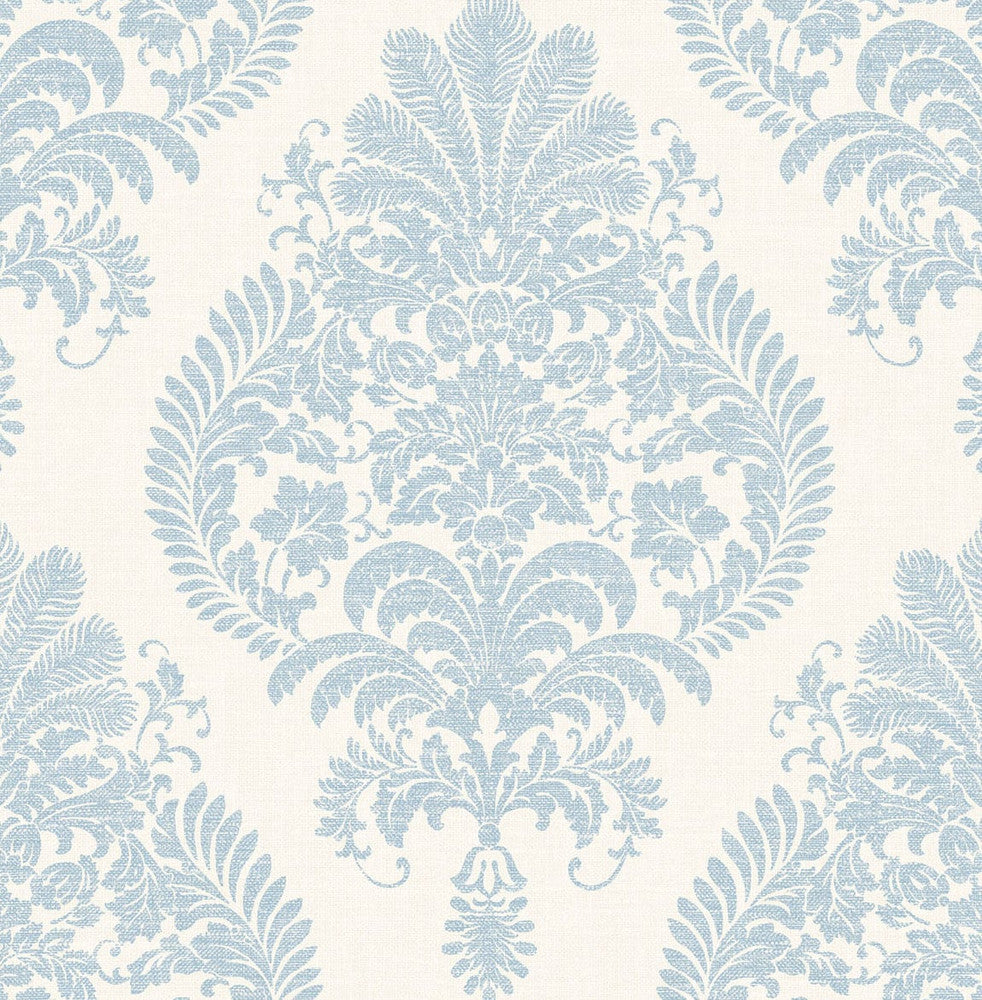 Antigua Damask Blue Frost and Bone White LN10412 by Lillian August Designer Wallpaper