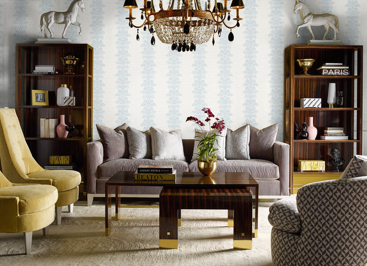 Palm Frond Stripe Stringcloth Blue Frost and Bone White LN10502 by Lillian August Designer Wallpaper