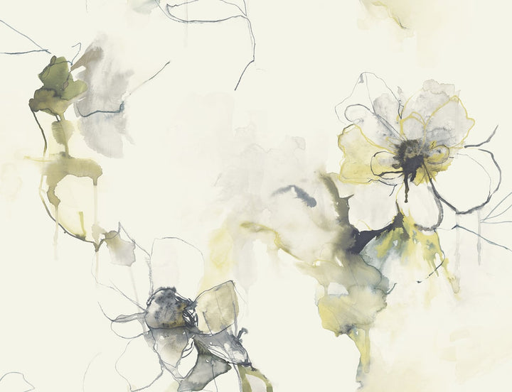 Anemone Watercolor Floral Dark Ash and Canary LW50007 by Seabrook Designs Designer Wallpaper