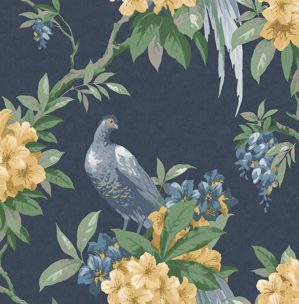Golden Pheasant Dark Blue Floral Wallpaper by Brewster Designer Archive Collection Covers about 56.4 square feet 20.5-in by 33-ft long roll Unpasted 21 - Swanky Fabrics -