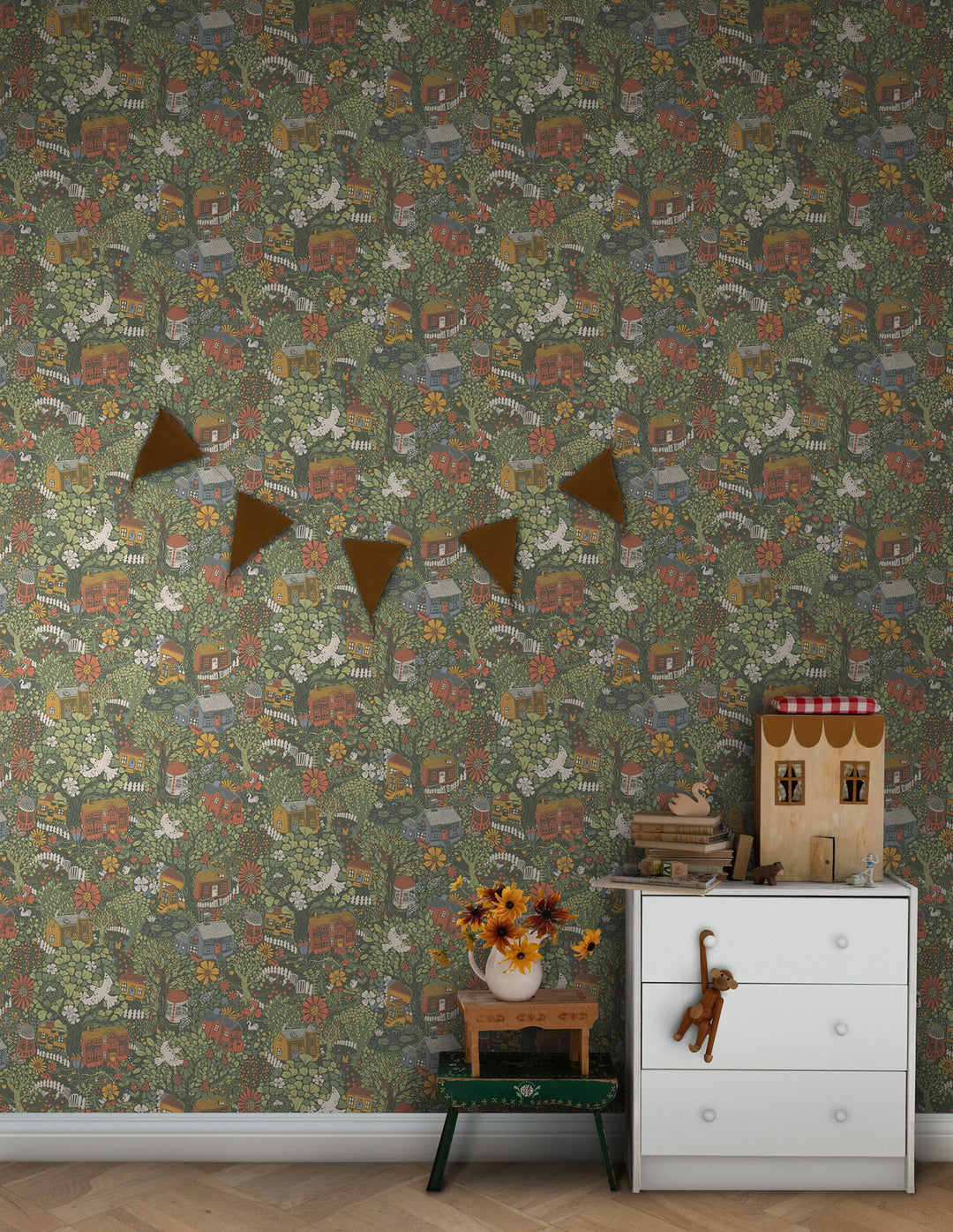 Bygga Bo Dark Green Wallpaper by York Wallcoverings Designer