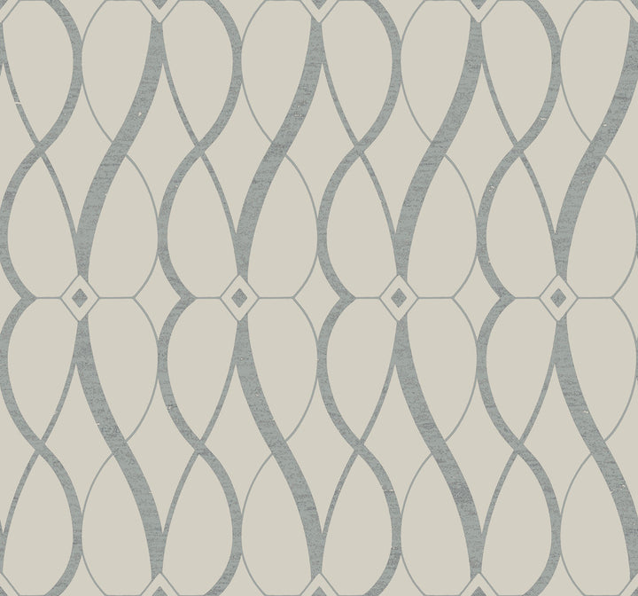 Graceful Geo Beige & Silver Wallpaper by Antonina Vella Designer Antonina Vella Modern Metals Second Edition Covers about 60.5 square feet 27-in by 26.9-ft long roll Unpasted 25.2 - Swanky Fabrics -