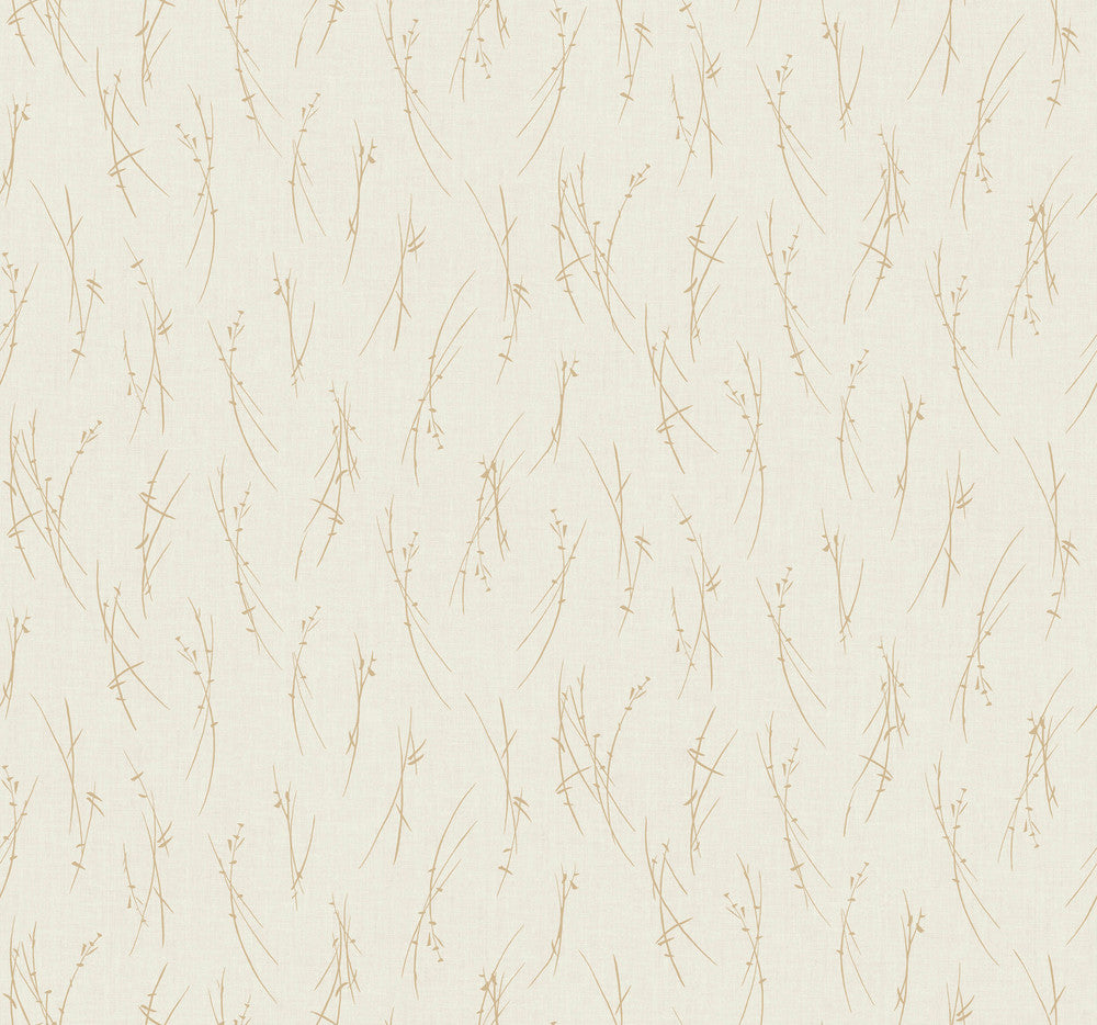 Sprigs Cream & Gold Wallpaper by Antonina Vella Designer Antonina Vella Modern Metals Second Edition Covers about 60.5 square feet 27-in by 26.9-ft long roll Unpasted 12.6 - Swanky Fabrics -