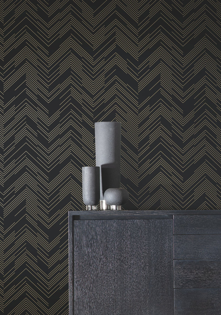 Polished Chevron Black & Gold Wallpaper by Antonina Vella Designer
