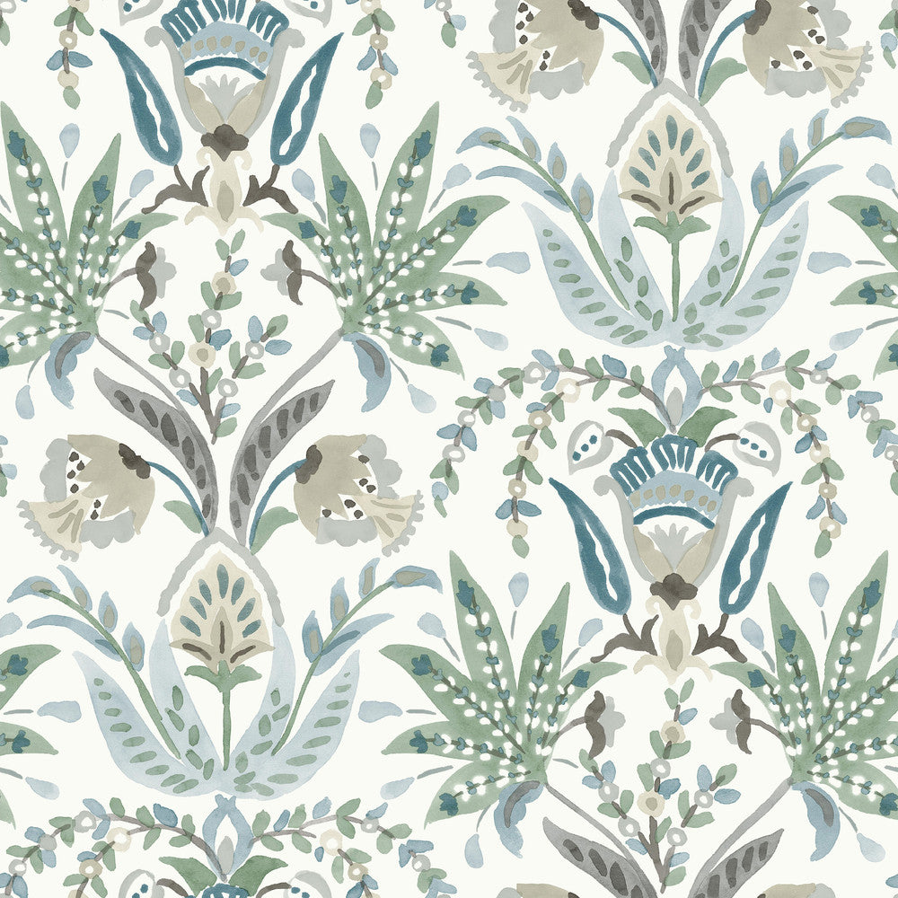 Seaside Jacobean Green & Blue Wallpaper by York Wallcoverings Designer Earthy Tones Covers about 56.4 square feet 20.5-in by 33-ft long roll Prepasted 20.5 - Swanky Fabrics -