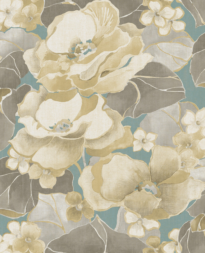 Adorn Metallic Gold, Teal, and Greige NE50502 by Seabrook Designs Designer Wallpaper