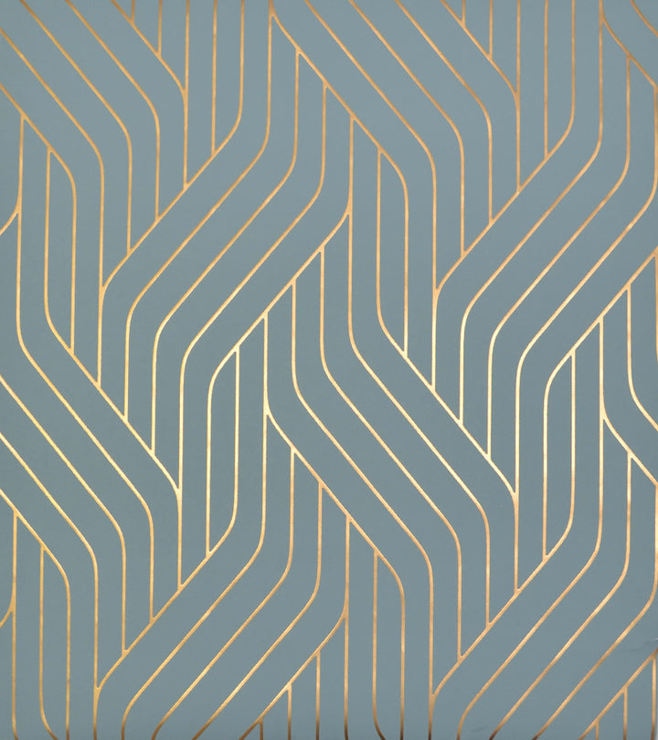 Ebb & Flow Blue & Gold Wallpaper by Antonina Vella Designer Antonina Vella Modern Metals Covers about 56.9 square feet 20.8-in by 32.8-ft long roll Unpasted 12.6 - Swanky Fabrics -