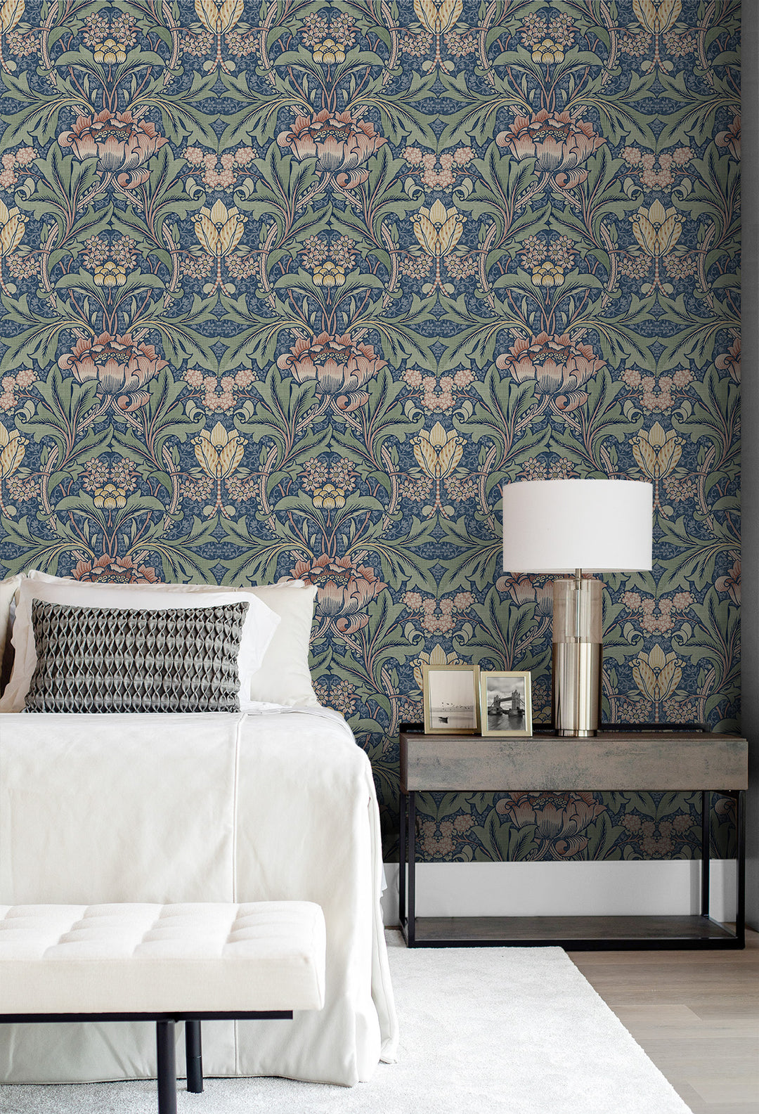 Acanthus Floral Prepasted Denim Blue & Salmon PR10002 by Seabrook Designs Designer Wallpaper
