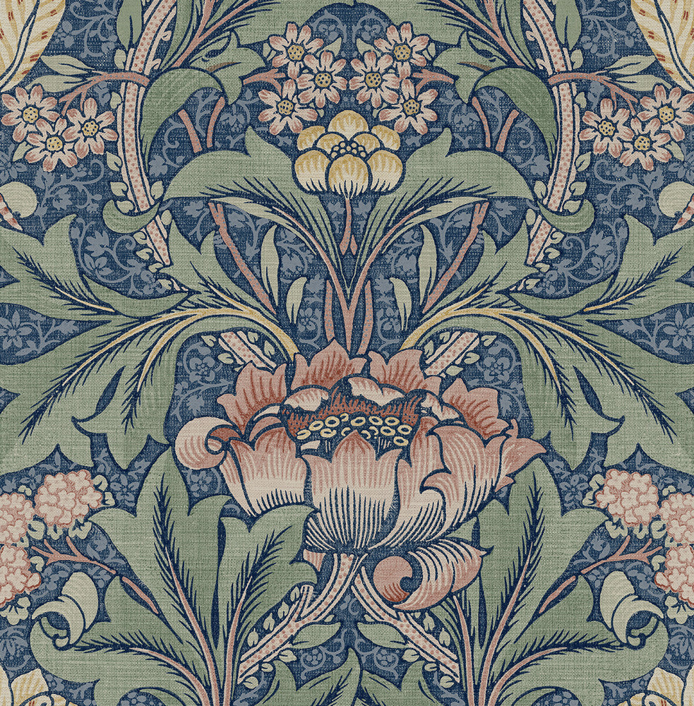 Acanthus Floral Prepasted Denim Blue & Salmon PR10002 by Seabrook Designs Designer Wallpaper