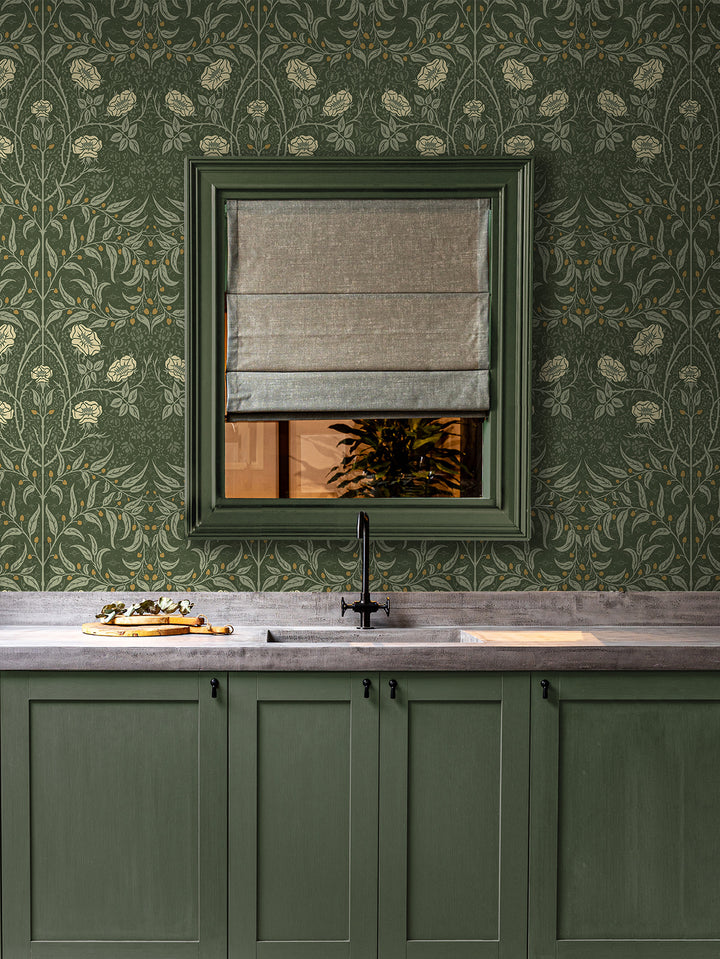 Stenciled Floral Prepasted Evergreen PR10204 by Seabrook Designs Designer Wallpaper
