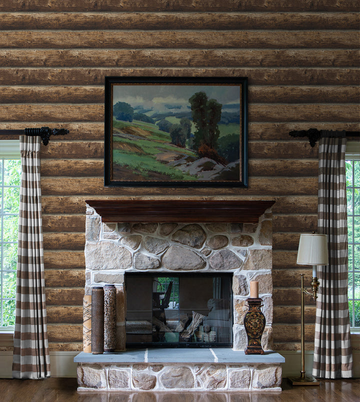 Faux Log Cabin Prepasted Walnut PR10900 by Seabrook Designs Designer Wallpaper