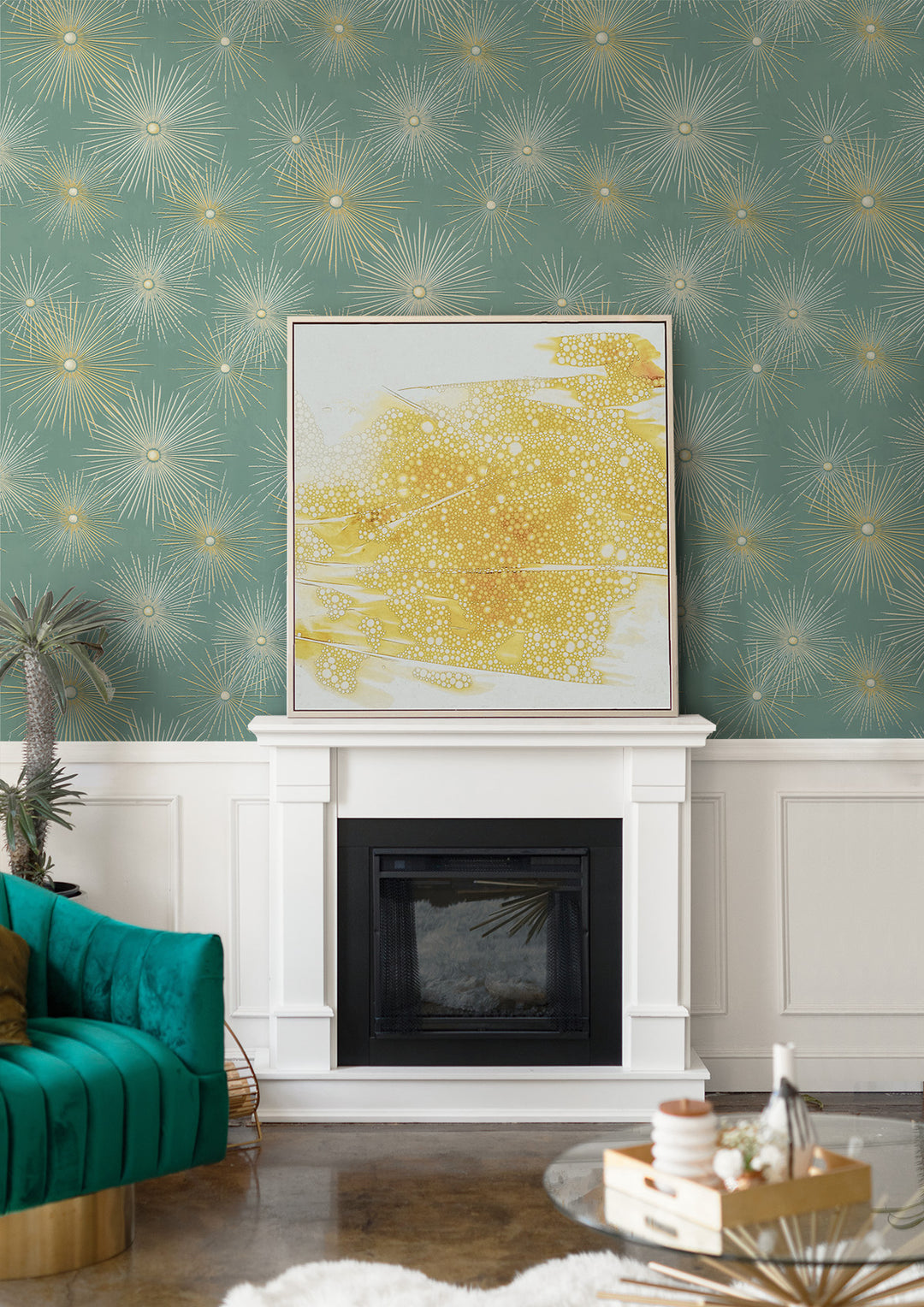 Starburst Geo Prepasted Teal & Gold PR11004 by Seabrook Designs Designer Wallpaper