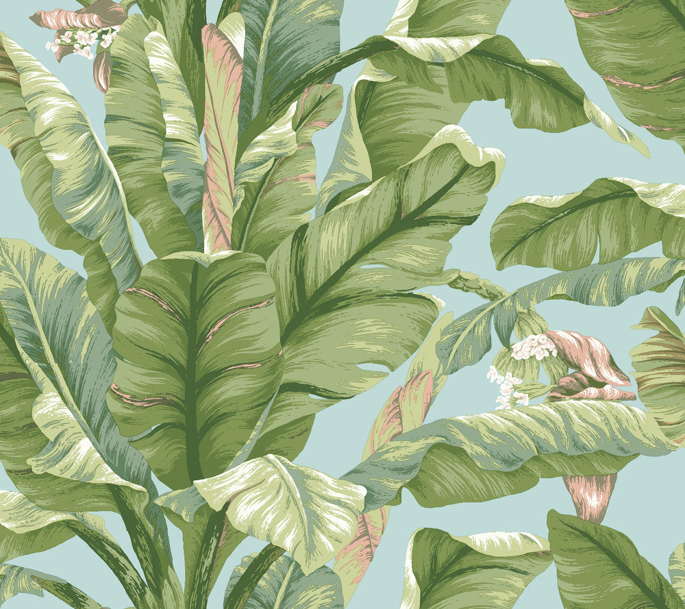 Banana Leaf Blue & Green Peel & Stick Wallpaper by York Wallcoverings Designer York Premium Peel + Stick Covers about 45 square feet 27-in by 20-ft long roll Peel & Stick 25.25 - Swanky Fabrics -