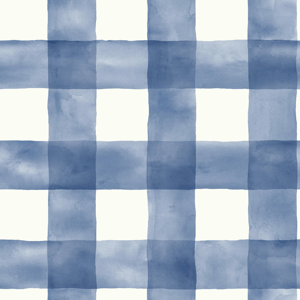 Checkmate Watercolor Plaid Blue Peel & Stick Wallpaper by York Wallcoverings Designer York Premium Peel + Stick Covers about 34.2 square feet 20.5-in by 20-ft long roll Peel & Stick 20.5 - Swanky Fabrics -
