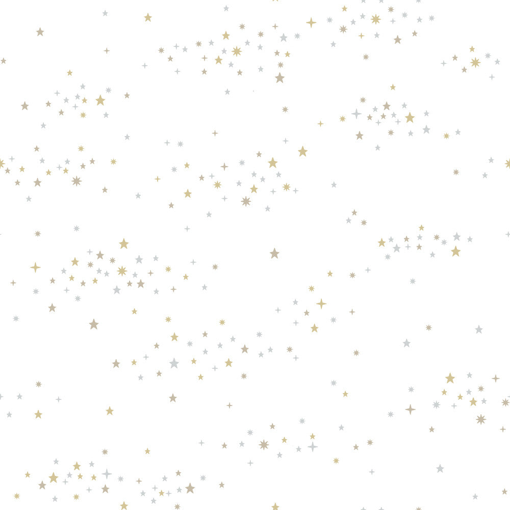 Starlight, Star Bright Silver & Gold Peel & Stick Wallpaper by York Wallcoverings Designer York Premium Peel + Stick Covers about 34.2 square feet 20.5-in by 20-ft long roll Peel & Stick 20.5 - Swanky Fabrics -