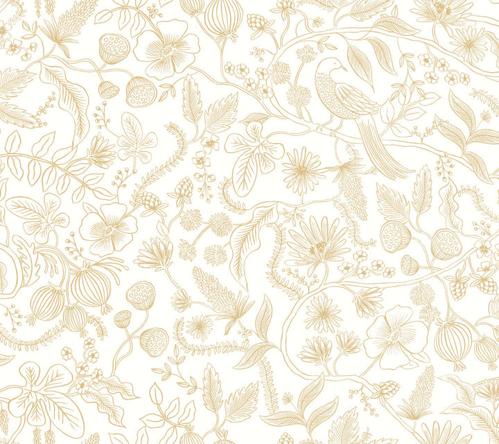 Aviary Off White & Gold Peel & Stick Wallpaper by Rifle Paper Co. Designer Rifle Paper Co. Premium Peel & Stick Covers about 45 square feet 27-in by 20-ft long roll Peel & Stick 24 - Swanky Fabrics -