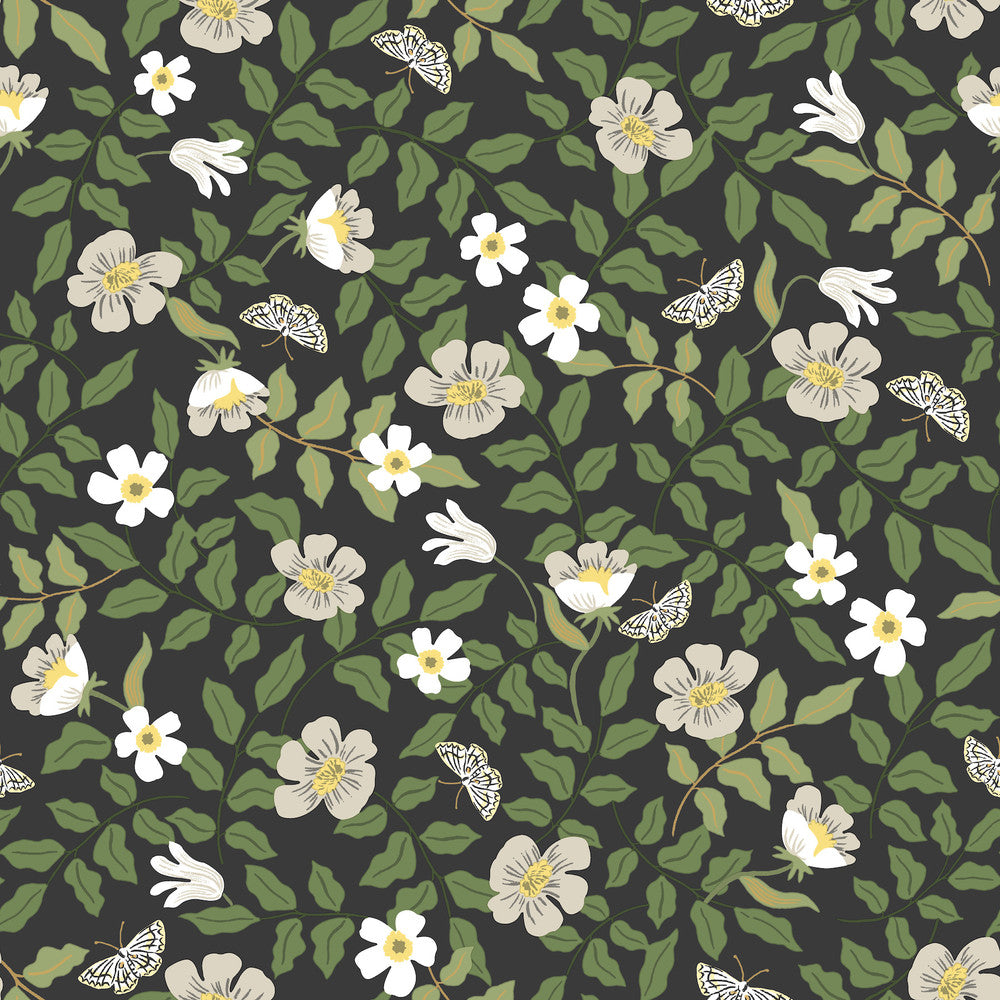 Primrose Off White & Black Peel & Stick Wallpaper by Rifle Paper Co. Designer Rifle Paper Co. Premium Peel & Stick Covers about 34.2 square feet 20.5-in by 20-ft long roll Peel & Stick 20.5 - Swanky Fabrics -