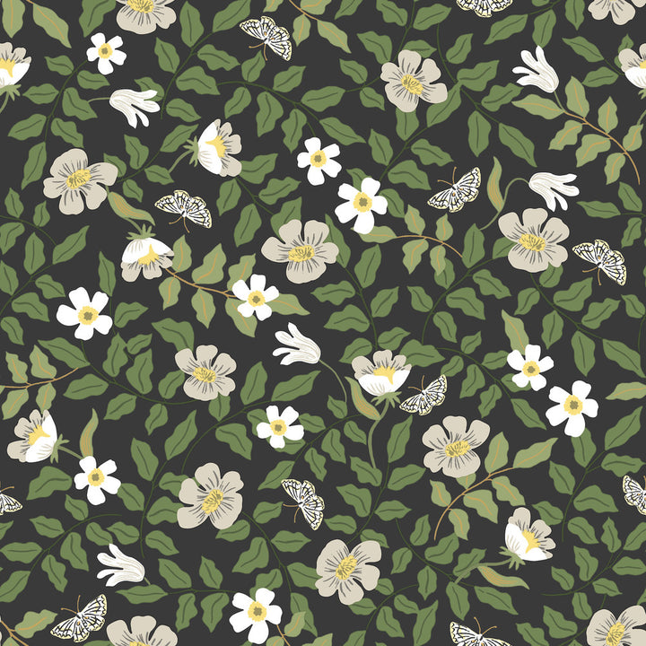 Primrose Off White & Black Peel & Stick Wallpaper by Rifle Paper Co. Designer Rifle Paper Co. Premium Peel & Stick Covers about 34.2 square feet 20.5-in by 20-ft long roll Peel & Stick 20.5 - Swanky Fabrics -