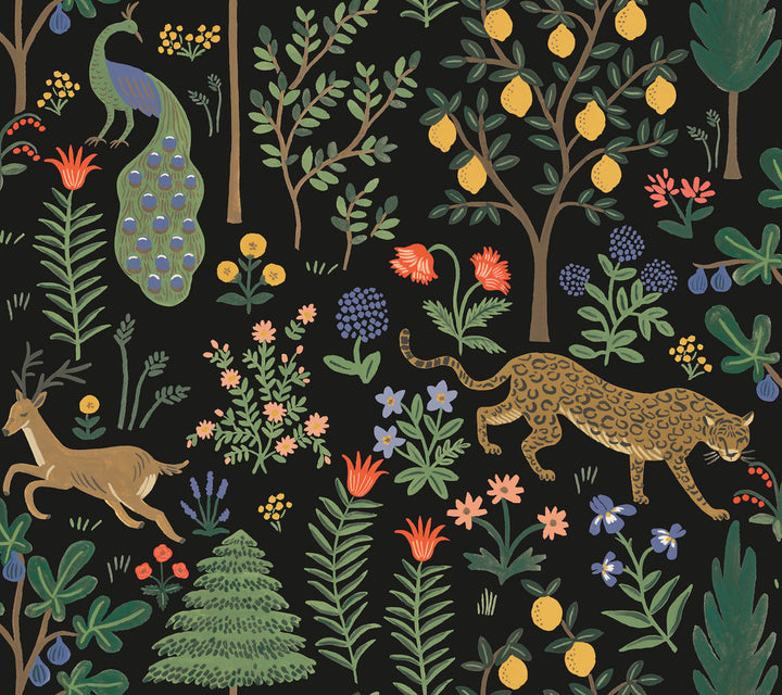 Menagerie Black Peel & Stick Wallpaper by Rifle Paper Co. Designer Rifle Paper Co. Premium Peel & Stick Covers about 45 square feet 27-in by 20-ft long roll Peel & Stick 24 - Swanky Fabrics -