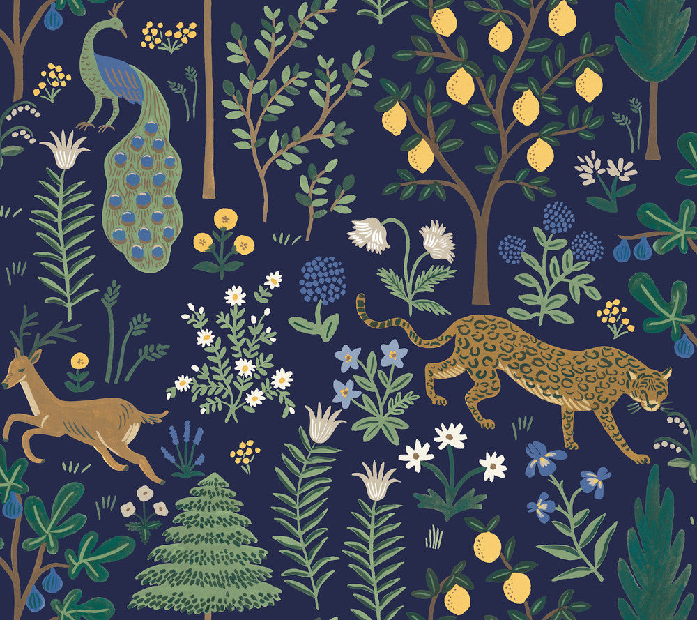 Menagerie Blue Peel & Stick Wallpaper by Rifle Paper Co. Designer Rifle Paper Co. Premium Peel & Stick Covers about 45 square feet 27-in by 20-ft long roll Peel & Stick 24 - Swanky Fabrics -