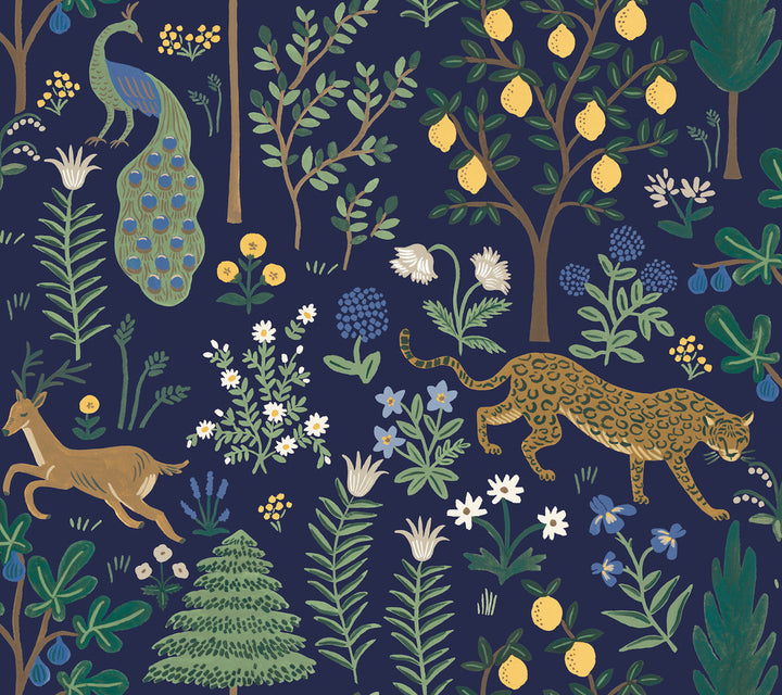 Menagerie Blue Peel & Stick Wallpaper by Rifle Paper Co. Designer Rifle Paper Co. Premium Peel & Stick Covers about 45 square feet 27-in by 20-ft long roll Peel & Stick 24 - Swanky Fabrics -