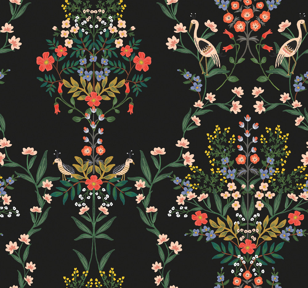 Luxembourg Black Peel & Stick Wallpaper by Rifle Paper Co. Designer Rifle Paper Co. Premium Peel & Stick Covers about 45 square feet 27-in by 20-ft long roll Peel & Stick 25.25 - Swanky Fabrics -