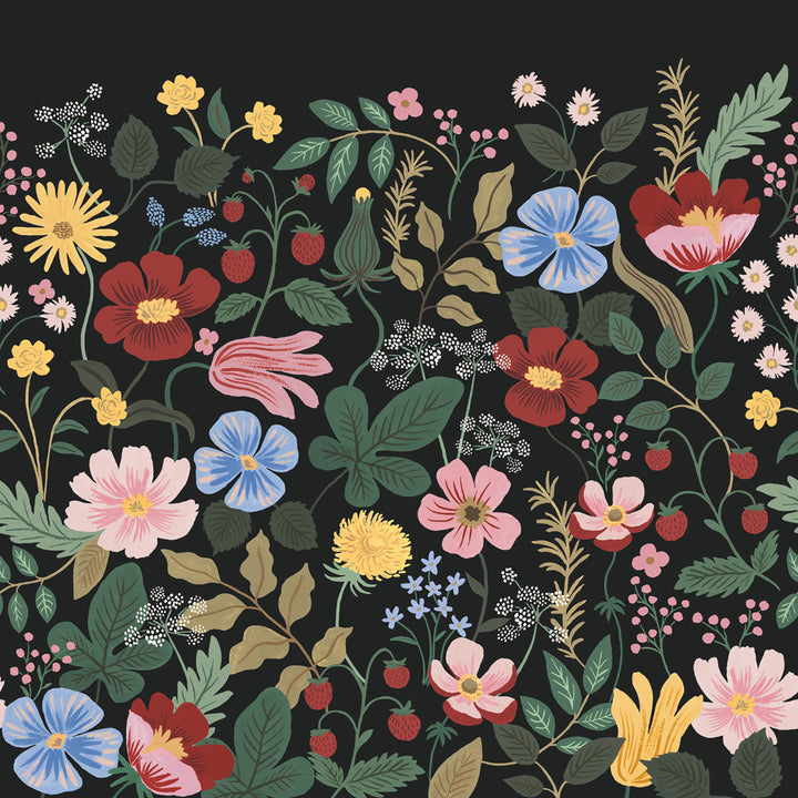 Strawberry Fields Black Peel & Stick Wall Mural by Rifle Paper Co. Designer Rifle Paper Co. 3rd Edition Covers 4 panels - measures 9-ft wide by 10-ft tall when assembled 27-in by 10-ft long roll Peel & Stick 0 - Swanky Fabrics -