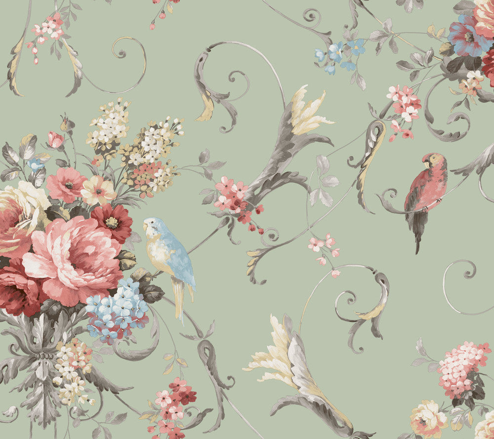 Parrots with Floral Bouquets Eucalyptus Peel & Stick Wallpaper by York Wallcoverings Designer Vintage Florals Covers about 45 square feet 27-in by 20-ft long roll Peel & Stick 24 - Swanky Fabrics -