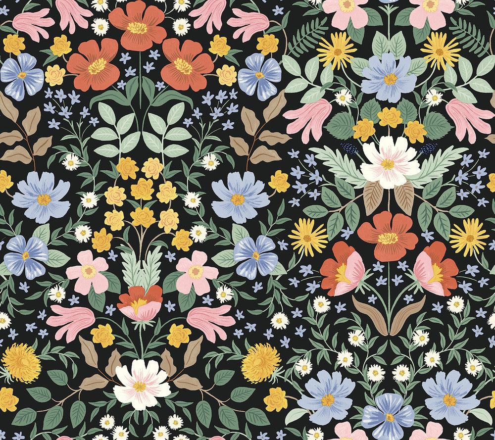 Bramble Garden Black Peel & Stick Wallpaper by Rifle Paper Co. Designer P&S Rifle Paper 2 Covers about 45 square feet 27-in by 20-ft long roll Peel & Stick 24 - Swanky Fabrics -