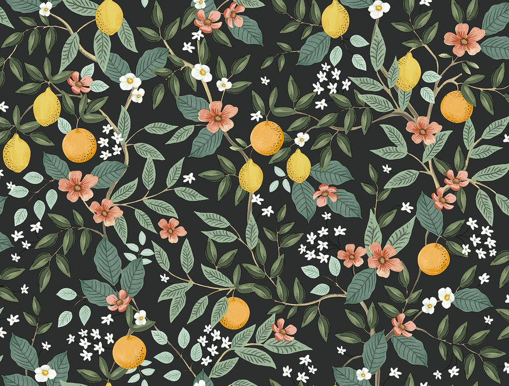 Citrus Grove Black Peel & Stick Wallpaper by Rifle Paper Co. Designer P&S Rifle Paper 2 Covers about 45 square feet 27-in by 20-ft long roll Peel & Stick 20.5 - Swanky Fabrics -