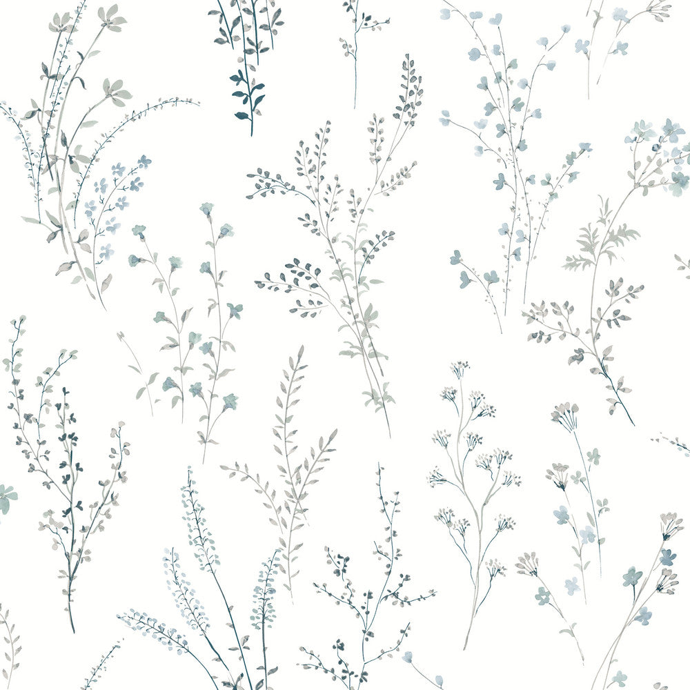 Wildflower Sprigs Blue & Green Peel & Stick Wallpaper by York Wallcoverings Designer Watercolor Botanicals Covers about 34.2 square feet 20.5-in by 20-ft long roll Peel & Stick 20.5 - Swanky Fabrics -