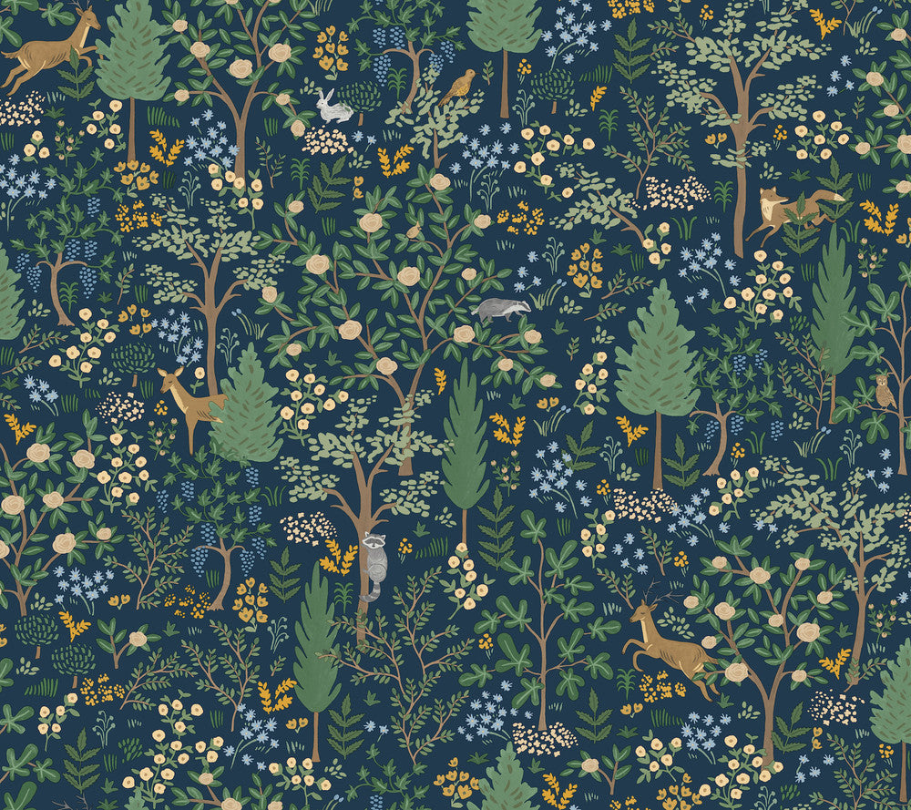 Woodland Navy Peel & Stick Wallpaper by Rifle Paper Co. Designer P&S Rifle Paper 3 Covers about 45 square feet 27-in by 20-ft long roll Peel & Stick 24 - Swanky Fabrics -