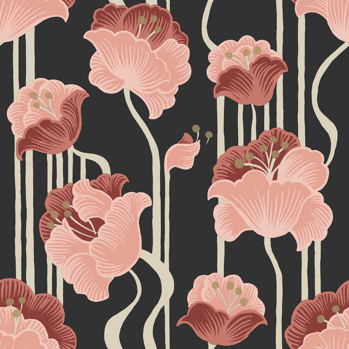 Shirley Coral Deco Floral Peel & Stick Wallpaper by York Wallcoverings Designer Mirth Studios Covers about 34.2 square feet 20.5-in by 20-ft long roll Peel & Stick 20.5 - Swanky Fabrics -