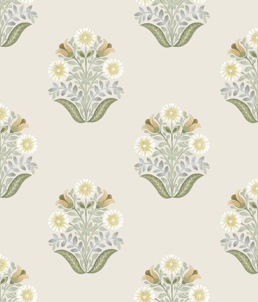 Sophie Sage Floral Medallion Peel & Stick Wallpaper by York Wallcoverings Designer Mirth Studios Covers about 34.2 square feet 20.5-in by 20-ft long roll Peel & Stick 24 - Swanky Fabrics -