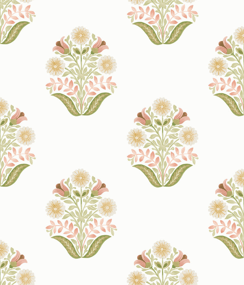 Sophie Pink Floral Medallion Peel & Stick Wallpaper by York Wallcoverings Designer Mirth Studios Covers about 34.2 square feet 20.5-in by 20-ft long roll Peel & Stick 24 - Swanky Fabrics -