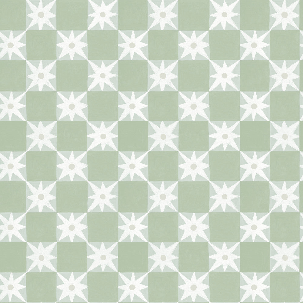 Stardust Green Checkerboard Peel & Stick Wallpaper by York Wallcoverings Designer Mirth Studios Covers about 34.2 square feet 20.5-in by 20-ft long roll Peel & Stick 20.5 - Swanky Fabrics -