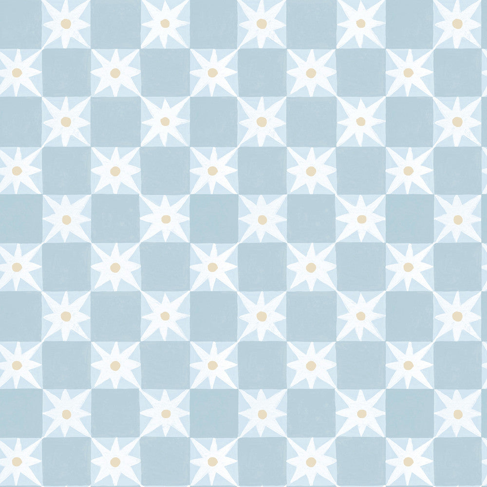 Stardust Blue Checkerboard Peel & Stick Wallpaper by York Wallcoverings Designer Mirth Studios Covers about 34.2 square feet 20.5-in by 20-ft long roll Peel & Stick 20.5 - Swanky Fabrics -
