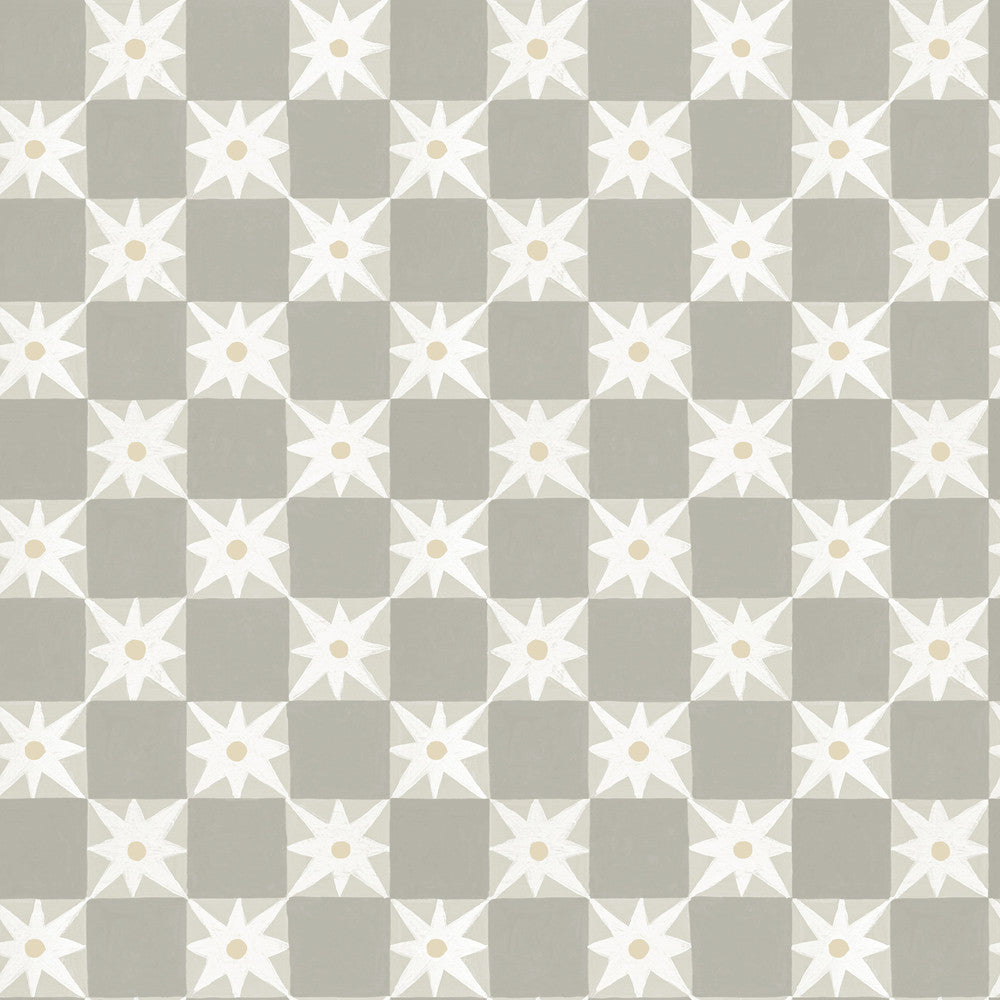 Stardust Warm Grey Checkerboard Peel & Stick Wallpaper by York Wallcoverings Designer Mirth Studios Covers about 34.2 square feet 20.5-in by 20-ft long roll Peel & Stick 20.5 - Swanky Fabrics -
